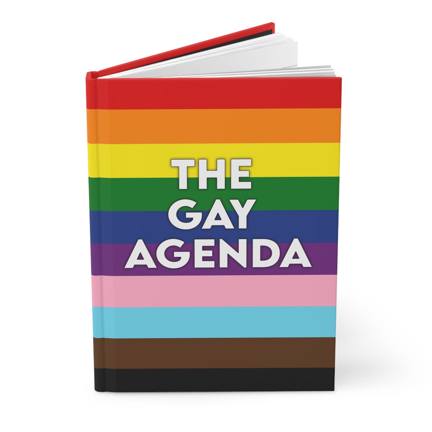Front cover of The Gay Agenda LGBTQ+ hardcover journal with rainbow design