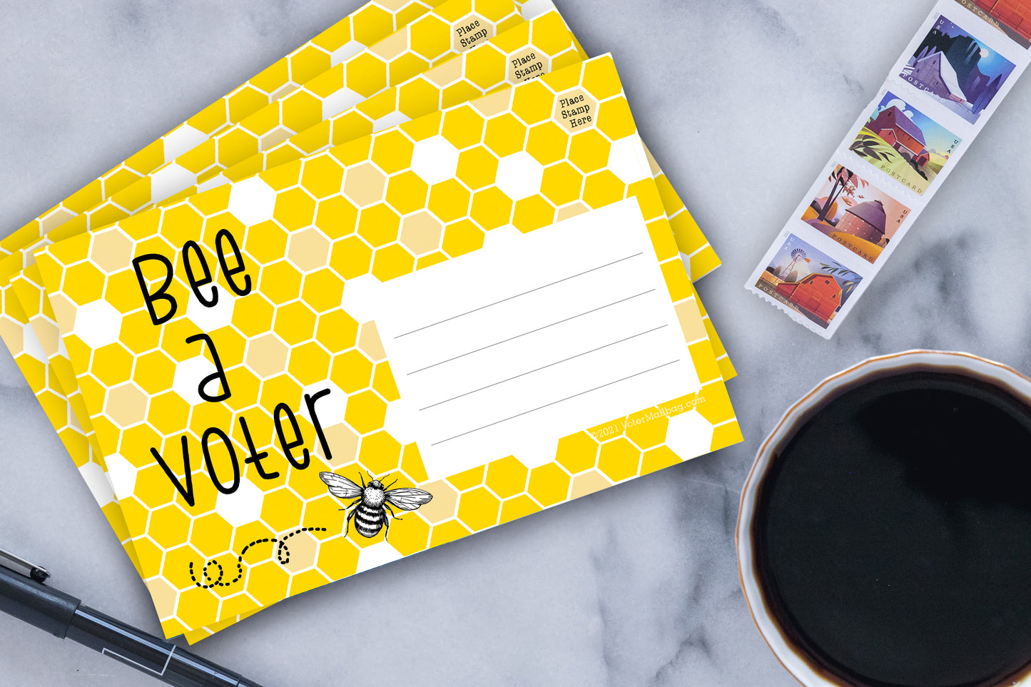 Bee A Voter blank 4x6 voter postcard – coffee background lifestyle shot